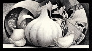 黑白素描下的大蒜与叶片