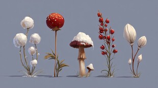 冬季植物与蘑菇梦幻组合