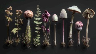 多样野生蘑菇与植物展示