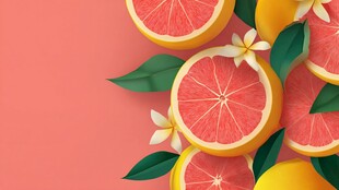 粉背景上的鲜切柑橘与花朵