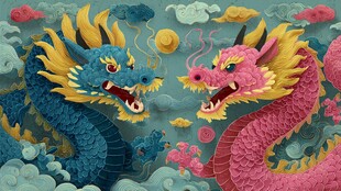 双彩祥龙戏珠祥瑞图景