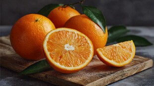 木盘上的鲜橙及切片