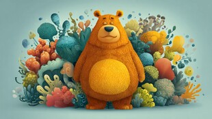 可爱棕熊置身缤纷植物间