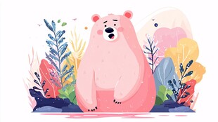 粉色小熊置身缤纷植物间