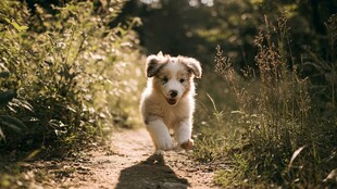 小狗在林间小路上欢快奔跑