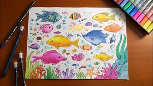 手绘多彩海底世界画作
