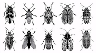 多样昆虫黑白插画集合