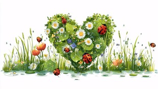 心形花草间的瓢虫梦幻景象