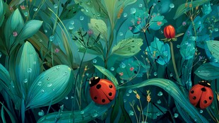 绿叶间的瓢虫梦幻世界