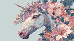 梦幻独角兽与烂漫花卉