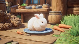 白兔静卧蓝盘 胡萝卜相伴