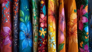 多彩花卉图案布料展示