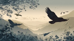 群鹰翱翔于山峦林间美景