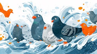 海浪中群鸟的灵动瞬间