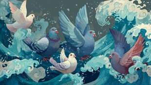 群鸽翔于海浪之上