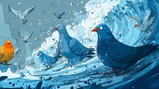 海浪中群鸽的奇幻场景