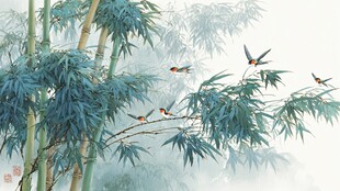 翠竹间飞鸟图