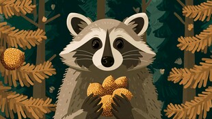 森林中抱松果的可爱浣熊