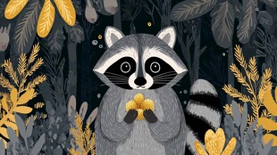 森林中的浣熊与金色叶片