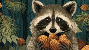 浣熊抱松果的森林插画