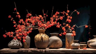 中式陶罐插红梅雅致景