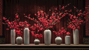 中式花瓶插红梅雅致景致
