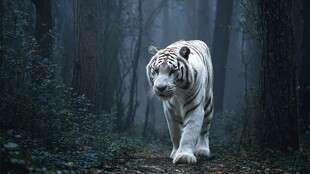 森林中漫步的优雅白老虎