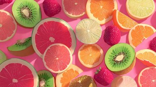 缤纷水果铺满粉色背景