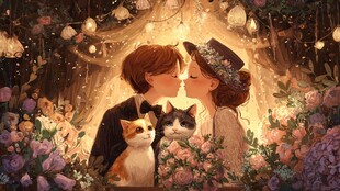 浪漫花丛中情侣与猫咪相伴