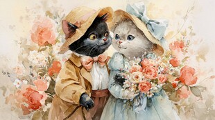 猫咪情侣的浪漫花卉之约