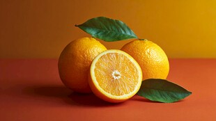 三个鲜橙带叶摆拍画面