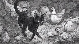 黑猫穿行于鸡群间