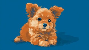 可爱小奶狗趴坐蓝色背景