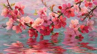 水中绽放的烂漫粉色桃花