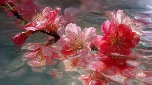 水中绽放的娇艳桃花
