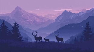 山间暮色下的麋鹿与山林