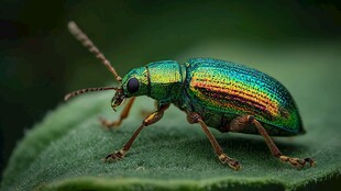 多彩甲虫栖息绿叶上