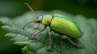 绿叶上的多彩甲虫