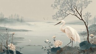 白鹭栖于湖畔诗意景致