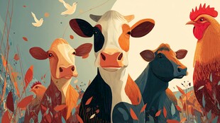 田园中的牛与鸡和谐画面