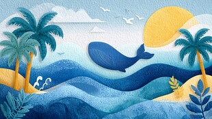 夏日海洋鲸鱼与椰树美景