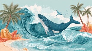 海边跃浪的鲸鱼与棕榈树