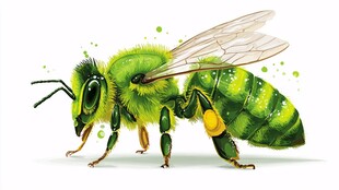 绿色绒毛蜜蜂插画特写