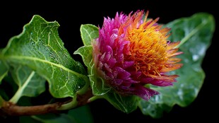 艳丽多彩花朵带露特写