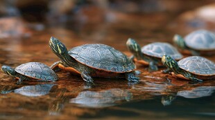 一群小海龟在水边漫步