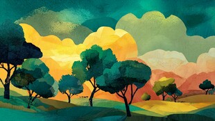 梦幻黄昏下的多彩树林