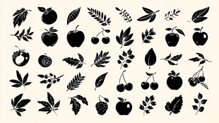 水果与叶子黑白剪影图案