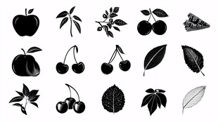 水果与叶子黑白图标集合