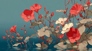 水中绽放的多彩花卉景观