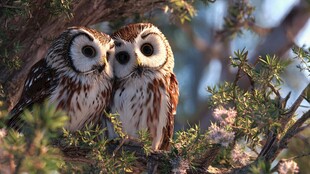 双猫头鹰依偎于树枝间